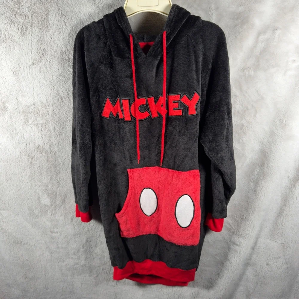 Disney Mickey Mouse Plush Fleece Oversized Hoodie Sleep Shirt‎ Black Red Small - Picture 2 of 10